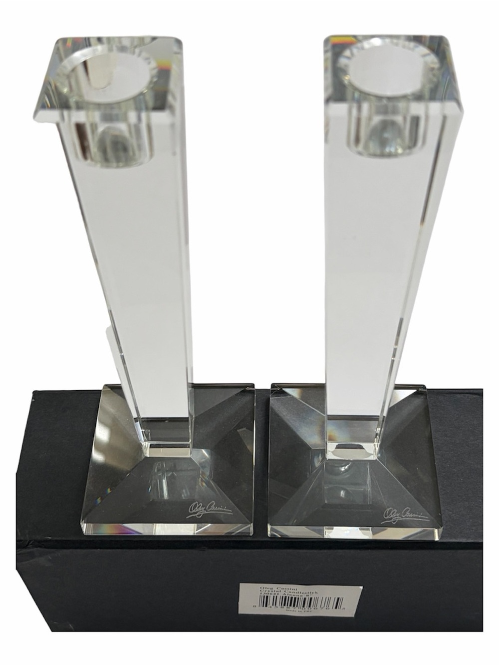 Oleg Cassini | Vintage Boxed Pair of Alanna 8" Crystal Candlestick Holders